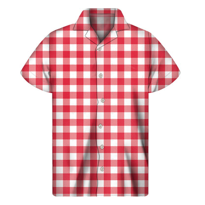 Raspberry Red And White Gingham Print Men's Short Sleeve Shirt