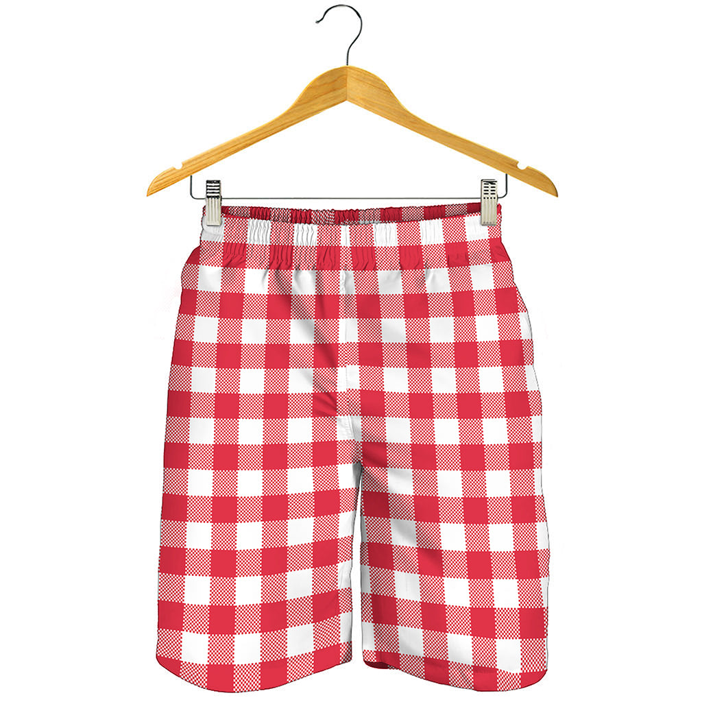 Raspberry Red And White Gingham Print Men's Shorts