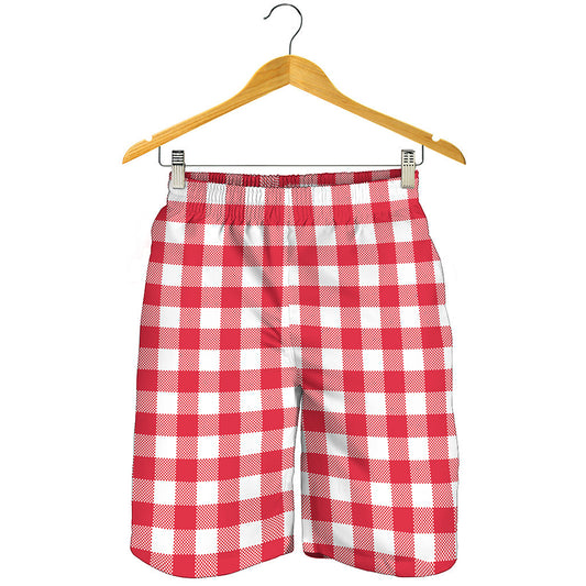 Raspberry Red And White Gingham Print Men's Shorts