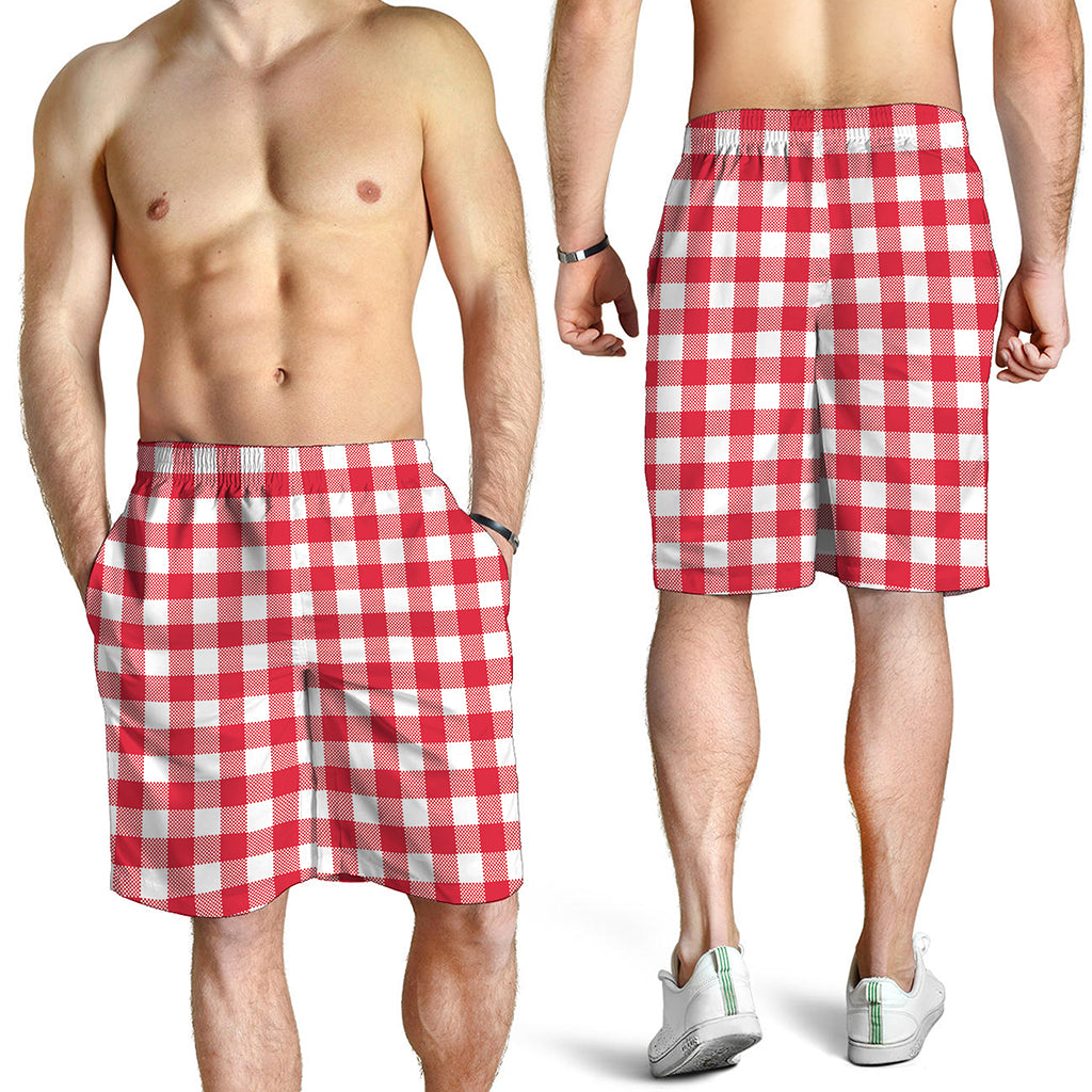 Raspberry Red And White Gingham Print Men's Shorts