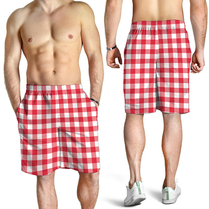 Raspberry Red And White Gingham Print Men's Shorts