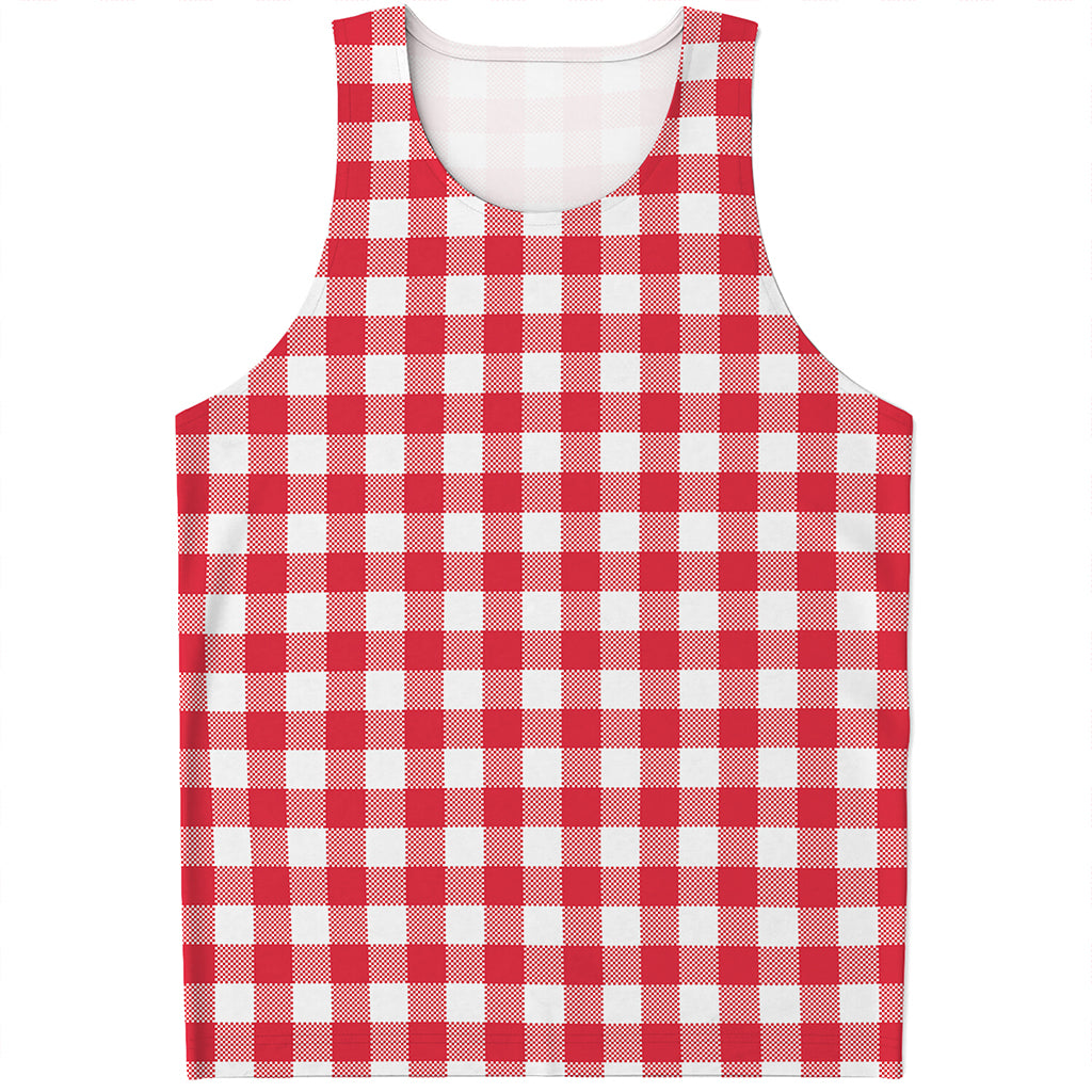 Raspberry Red And White Gingham Print Men's Tank Top