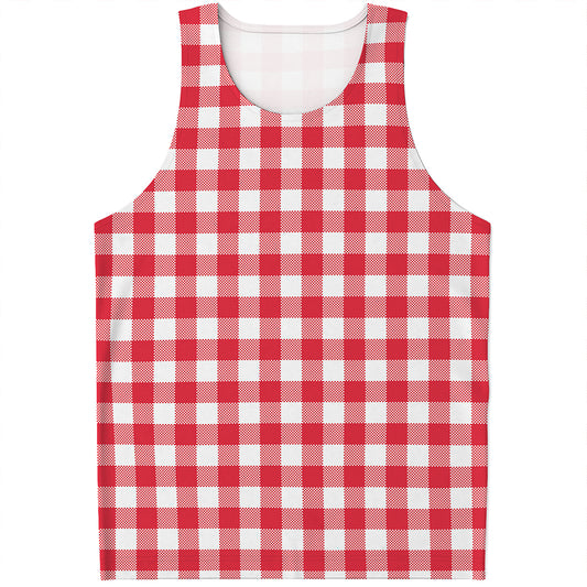 Raspberry Red And White Gingham Print Men's Tank Top
