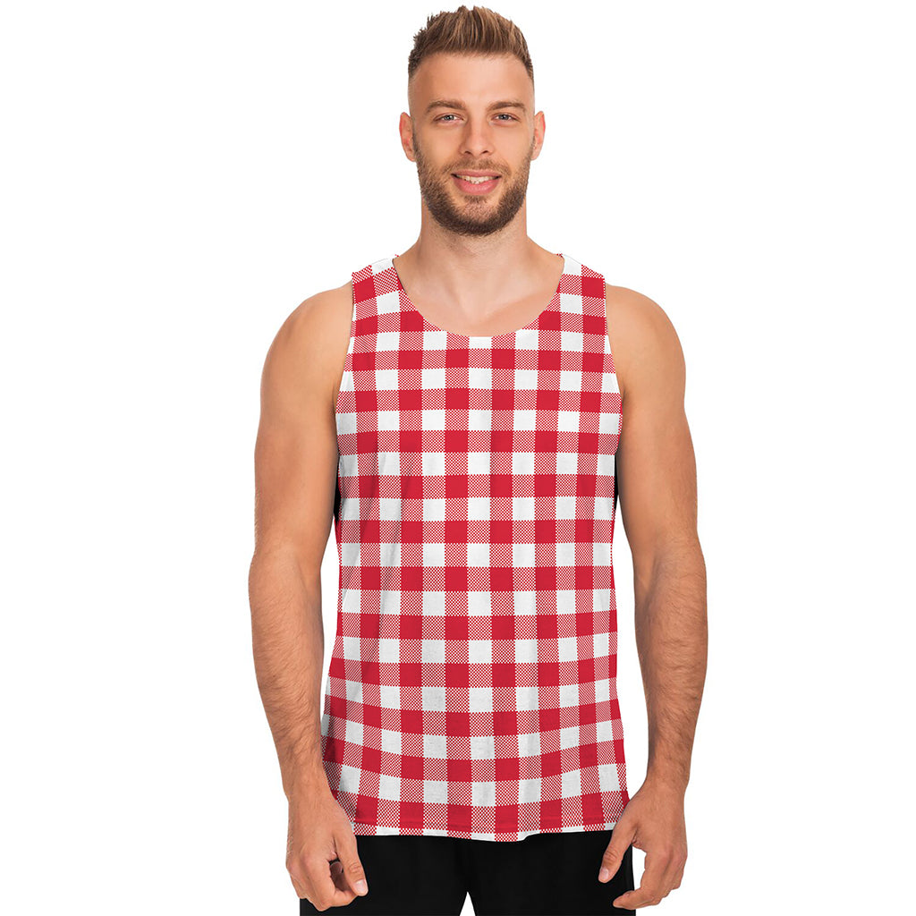 Raspberry Red And White Gingham Print Men's Tank Top