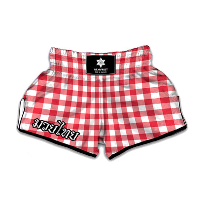 Raspberry Red And White Gingham Print Muay Thai Boxing Shorts
