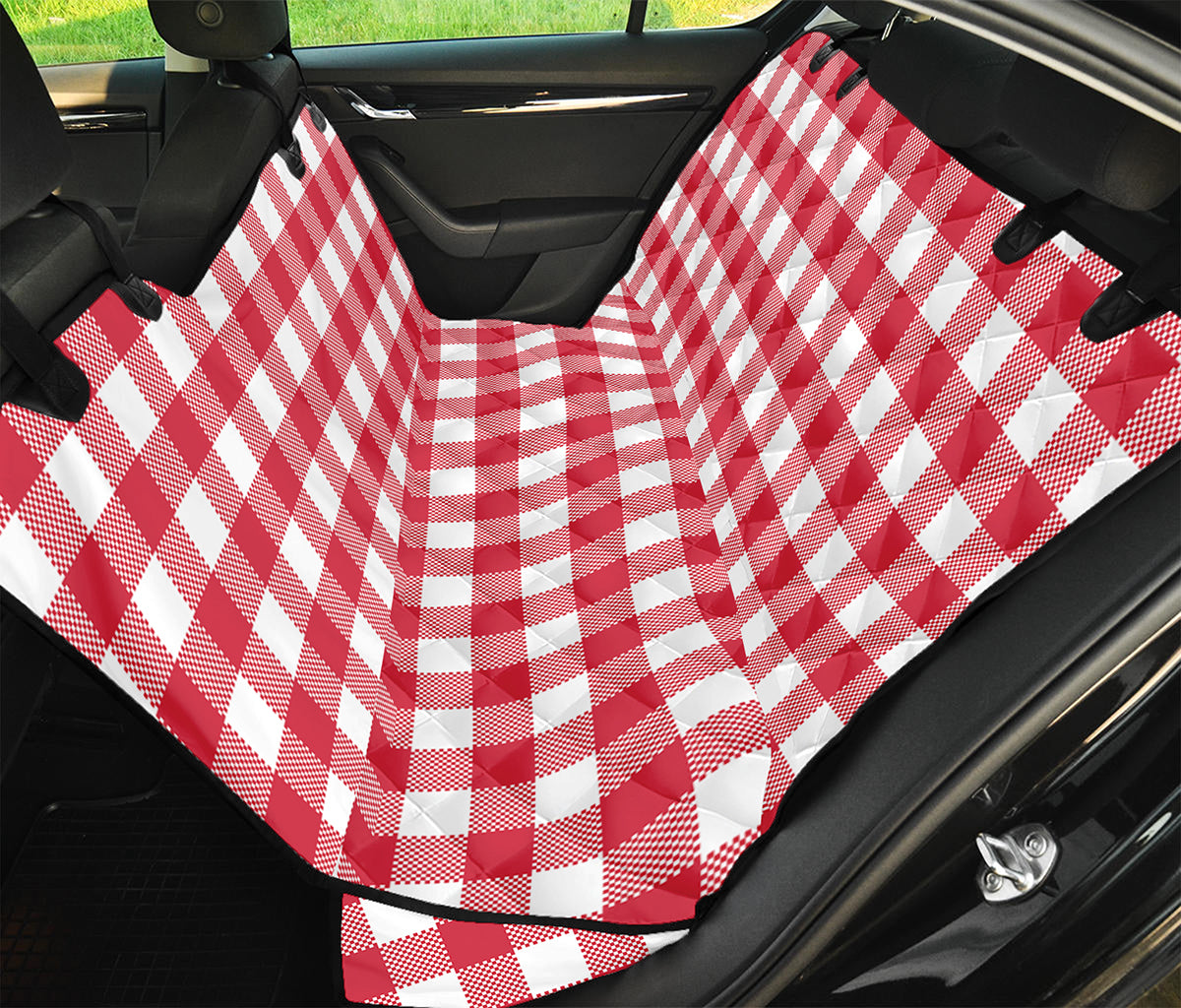 Raspberry Red And White Gingham Print Pet Car Back Seat Cover