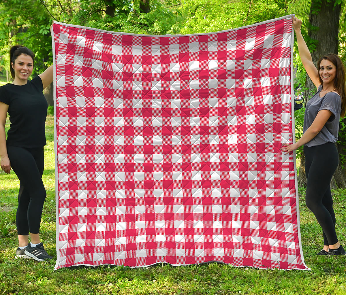 Raspberry Red And White Gingham Print Quilt
