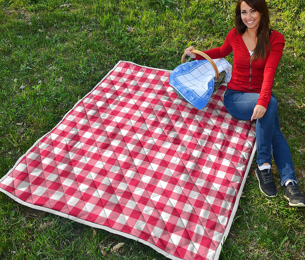 Raspberry Red And White Gingham Print Quilt