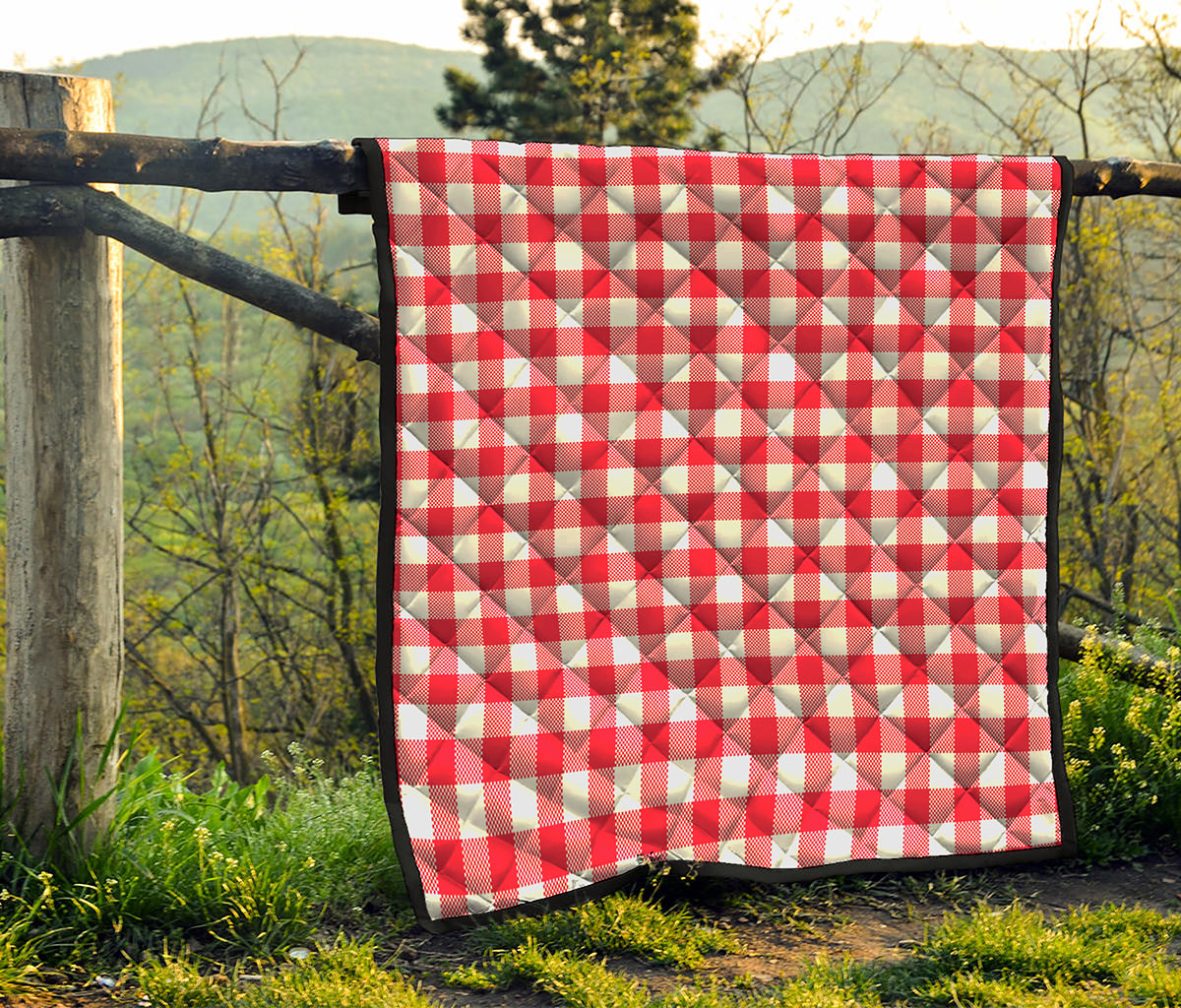 Raspberry Red And White Gingham Print Quilt