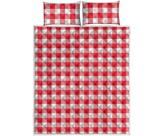 Raspberry Red And White Gingham Print Quilt Bed Set
