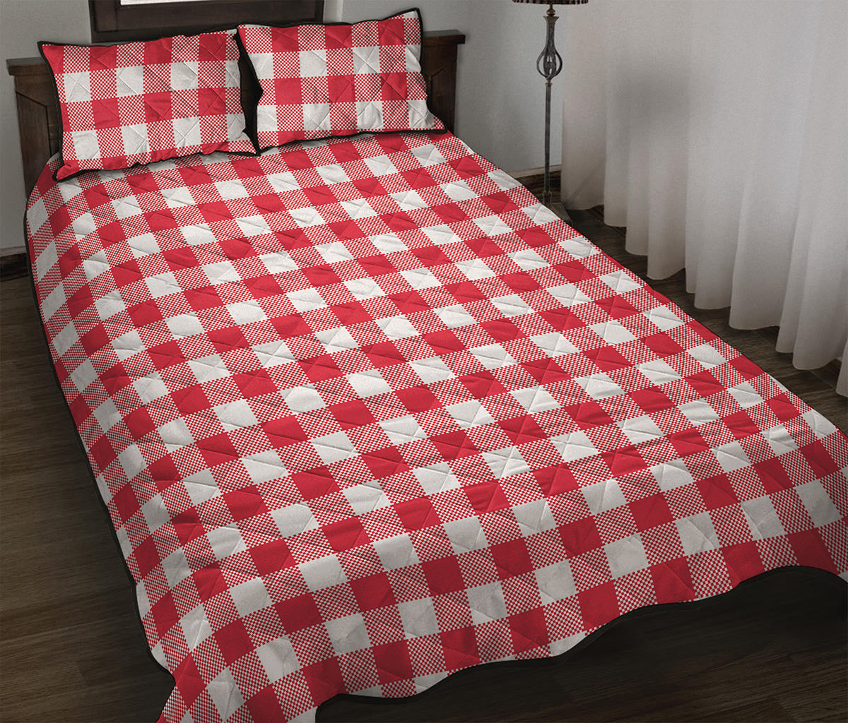 Raspberry Red And White Gingham Print Quilt Bed Set