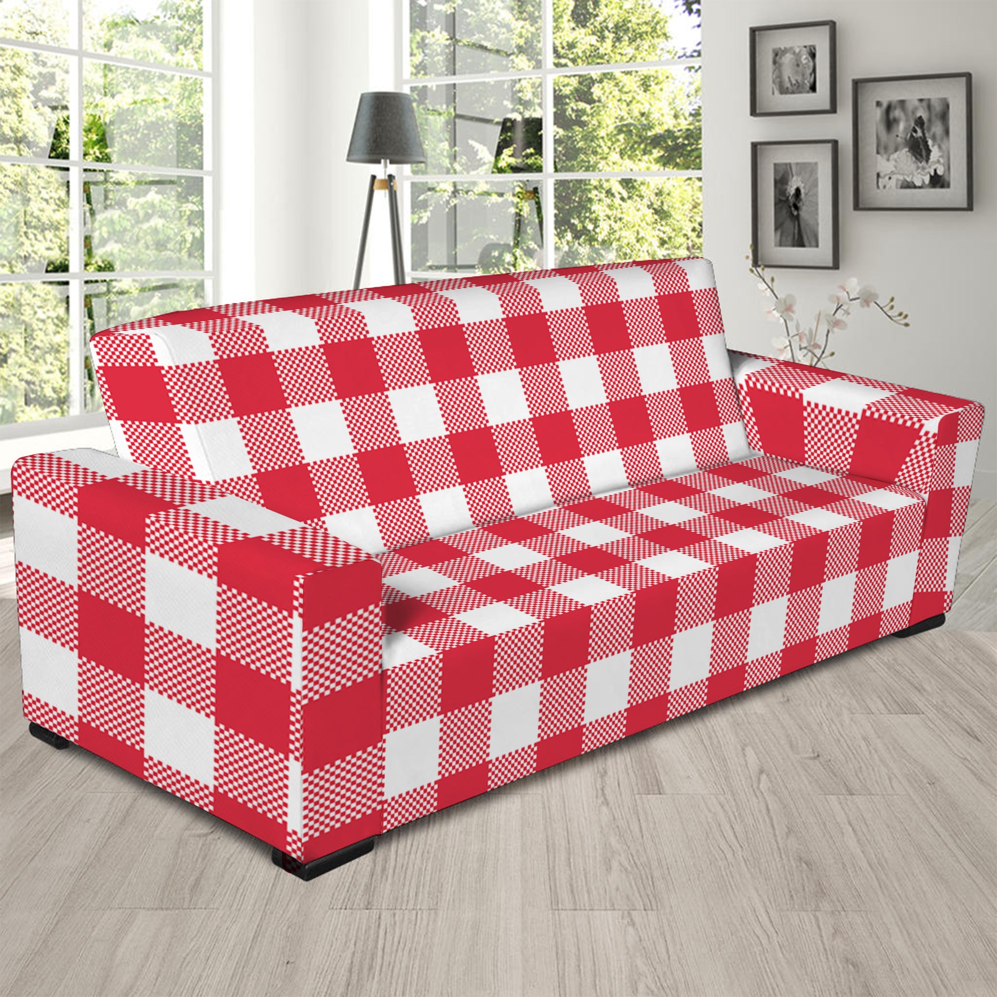 Raspberry Red And White Gingham Print Sofa Slipcover