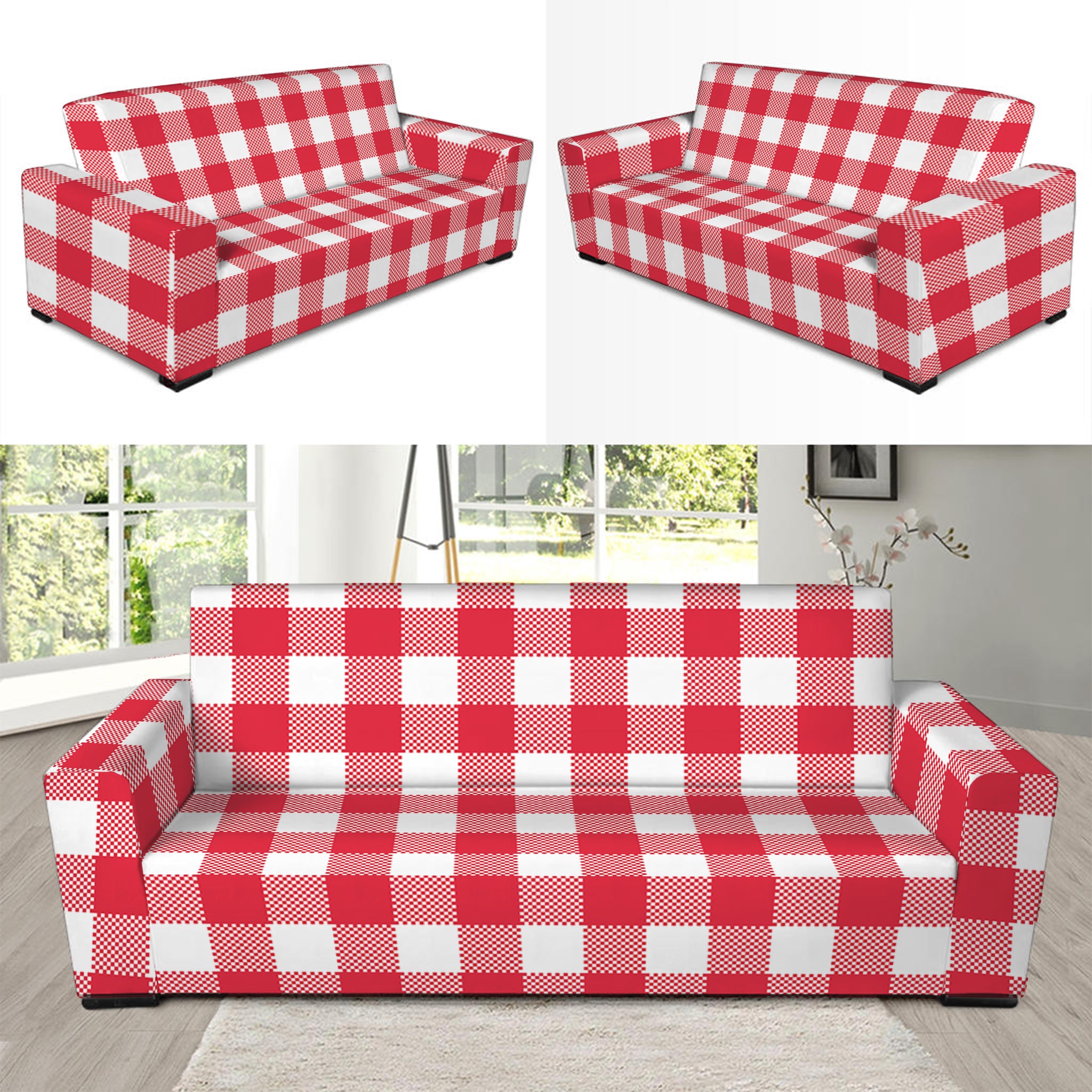 Raspberry Red And White Gingham Print Sofa Slipcover