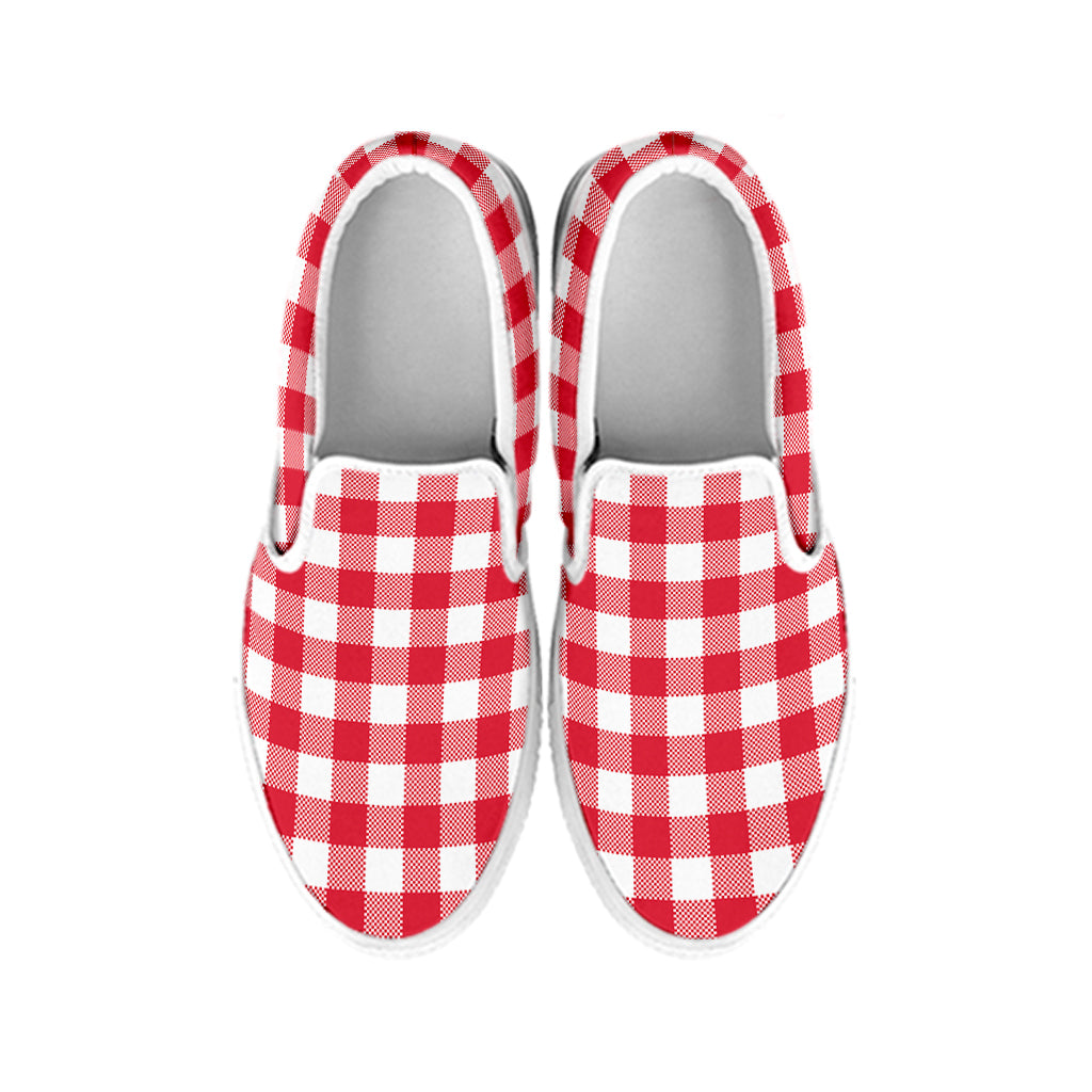 Raspberry Red And White Gingham Print White Slip On Shoes