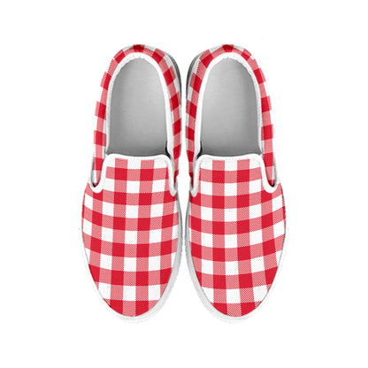 Raspberry Red And White Gingham Print White Slip On Shoes