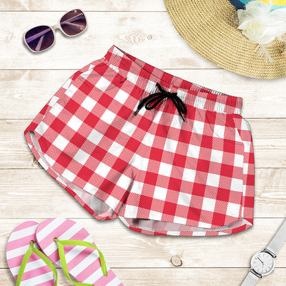 Raspberry Red And White Gingham Print Women's Shorts