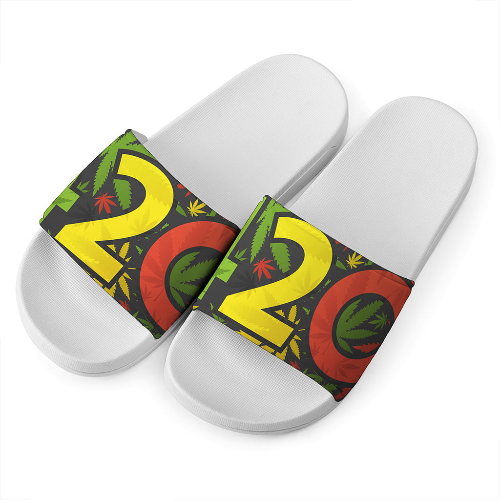 Rasta 420 Print White Slide Sandals