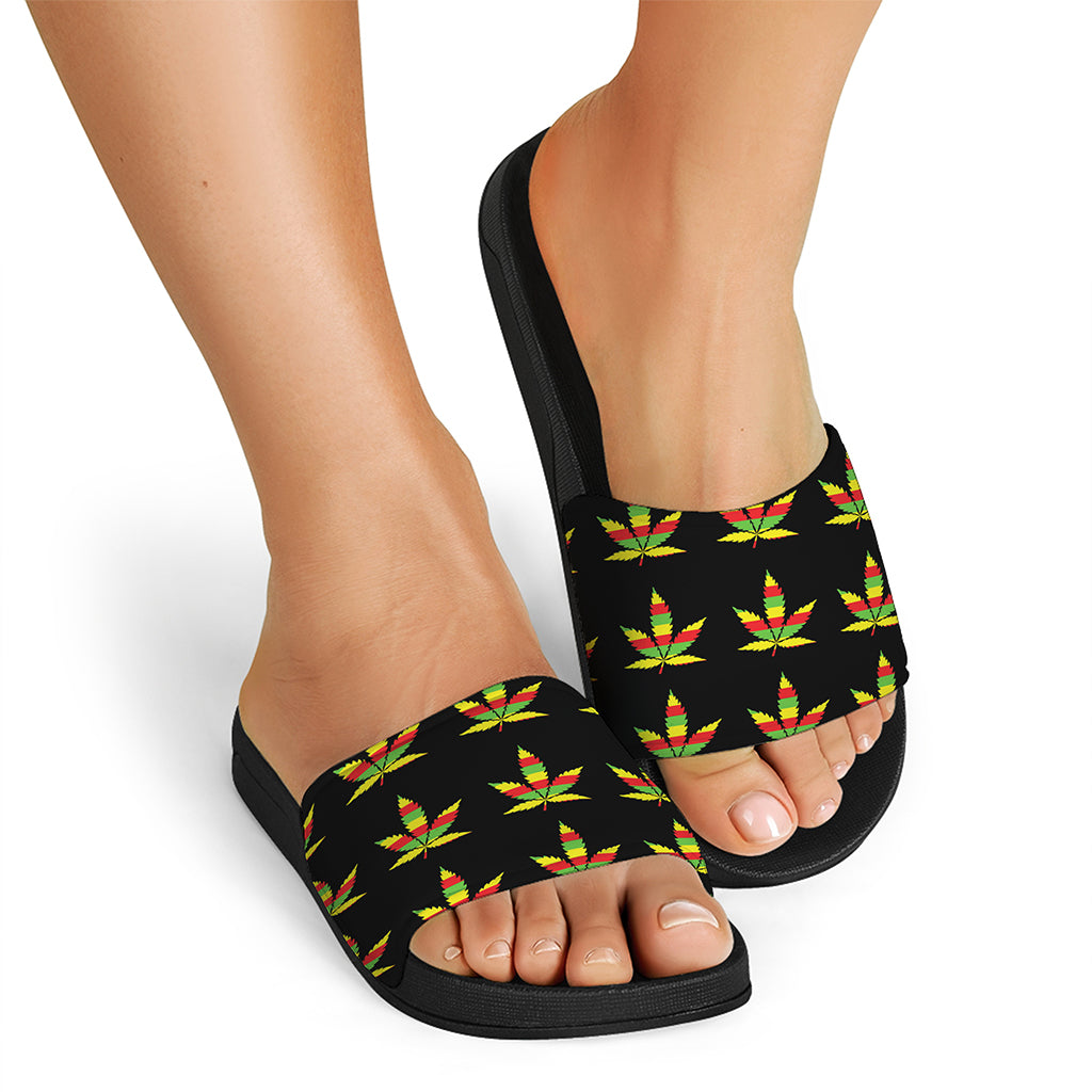 Rasta Flag Pattern Print Black Slide Sandals