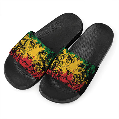 Rasta Lion Print Black Slide Sandals