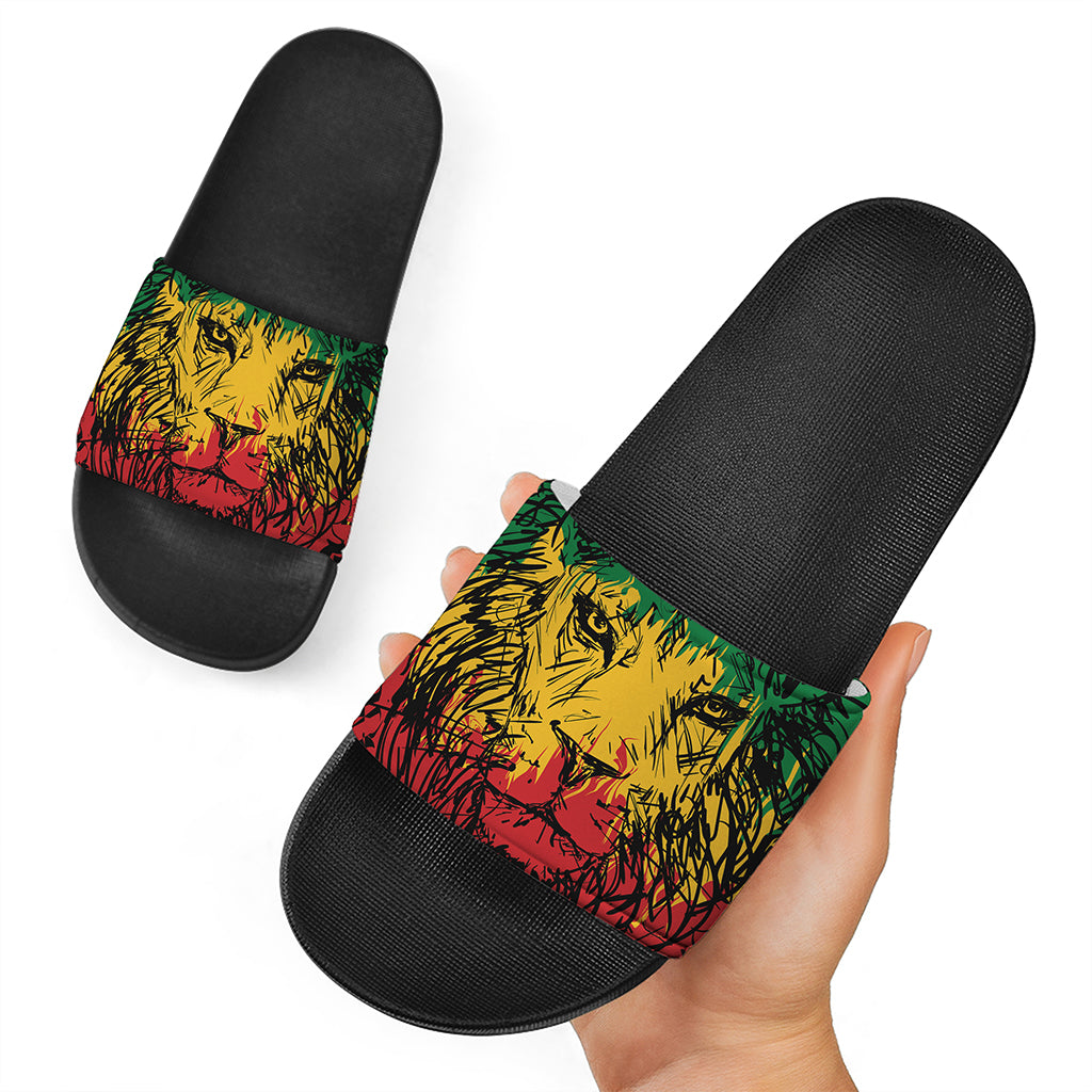 Rasta Lion Print Black Slide Sandals