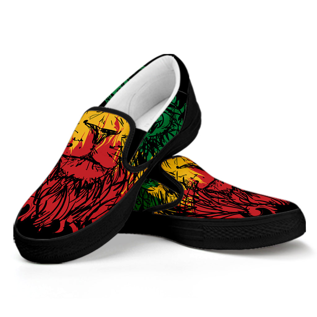 Rasta Lion Print Black Slip On Shoes