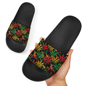 Rasta Marijuana Pattern Print Black Slide Sandals