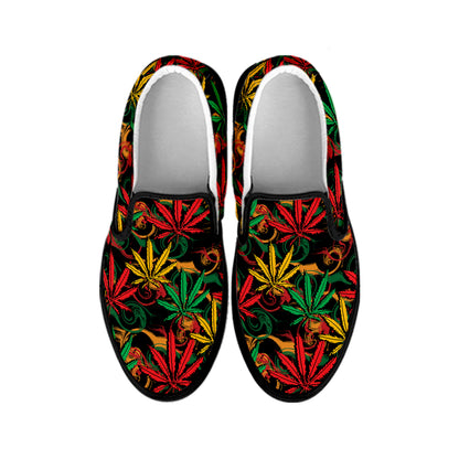 Rasta Marijuana Pattern Print Black Slip On Shoes