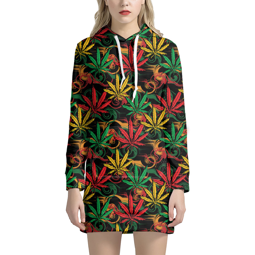 Rasta Marijuana Pattern Print Hoodie Dress