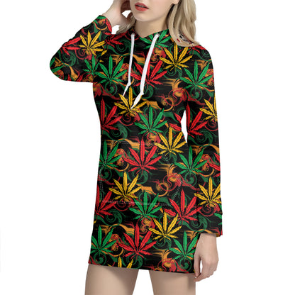 Rasta Marijuana Pattern Print Hoodie Dress