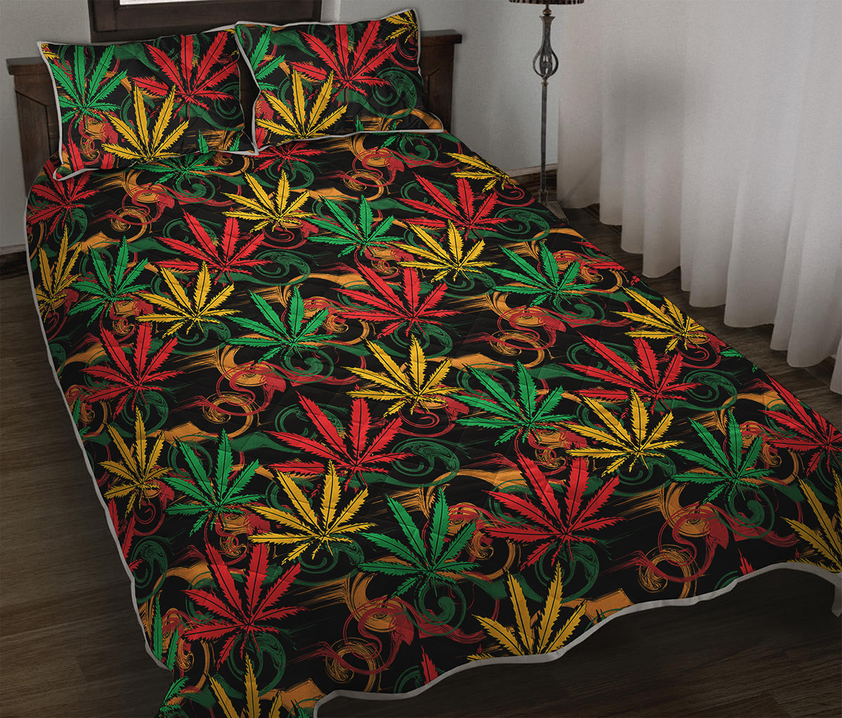 Rasta Marijuana Pattern Print Quilt Bed Set