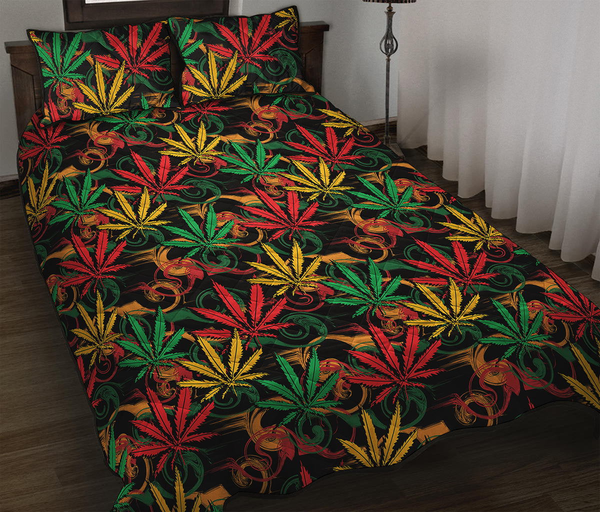 Rasta Marijuana Pattern Print Quilt Bed Set