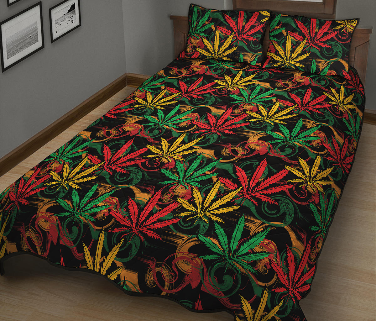 Rasta Marijuana Pattern Print Quilt Bed Set