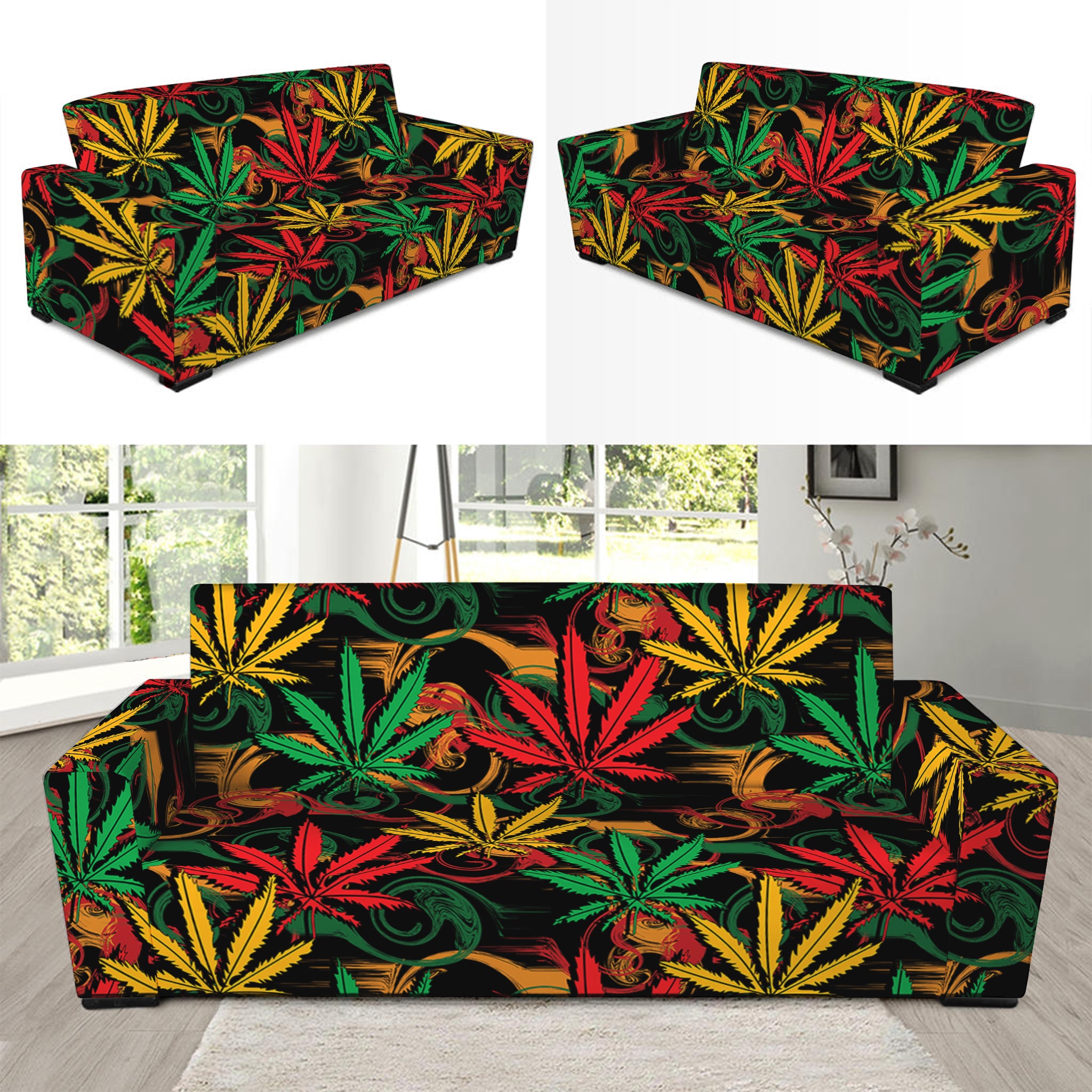 Rasta Marijuana Pattern Print Sofa Slipcover