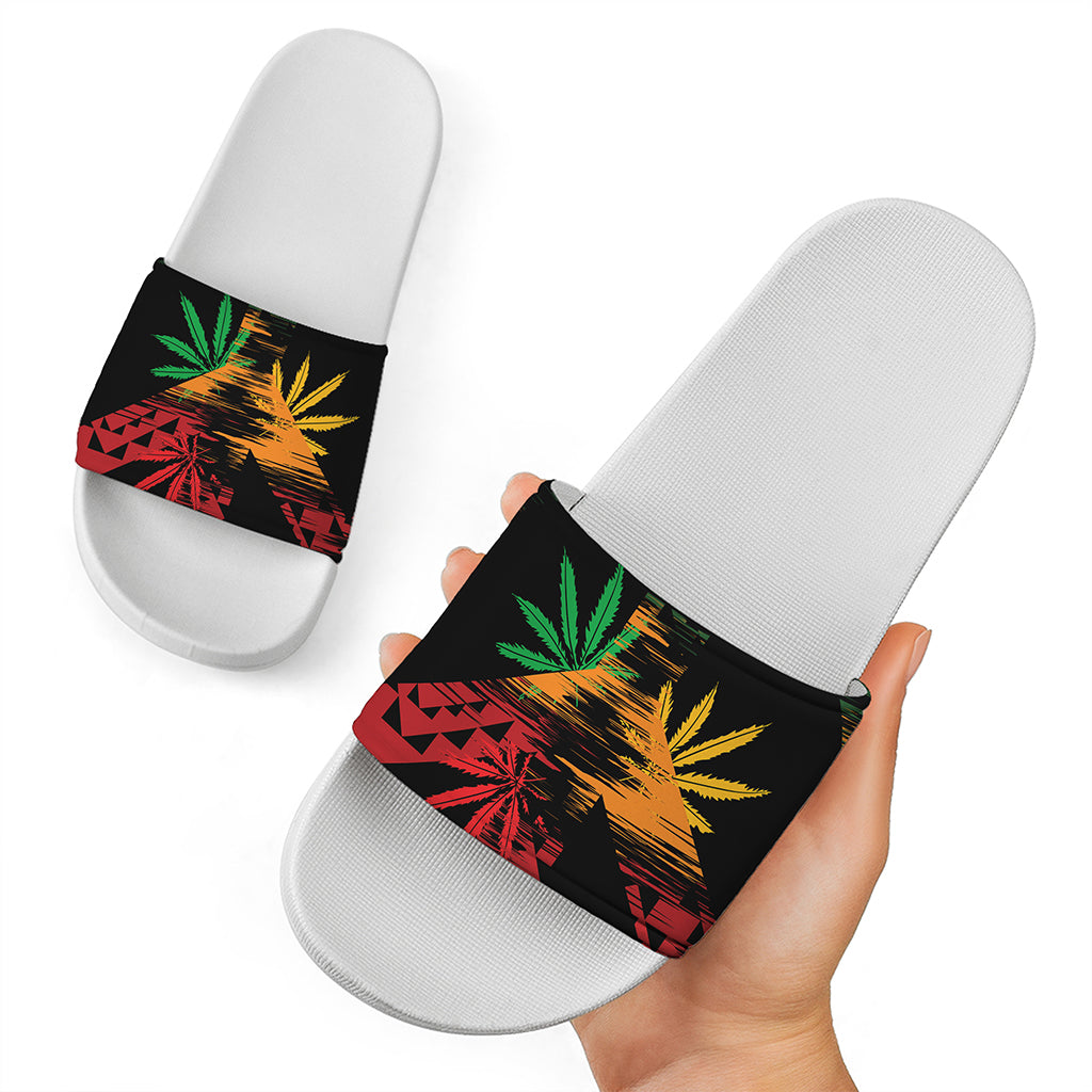 Rasta Peace Sign Print White Slide Sandals