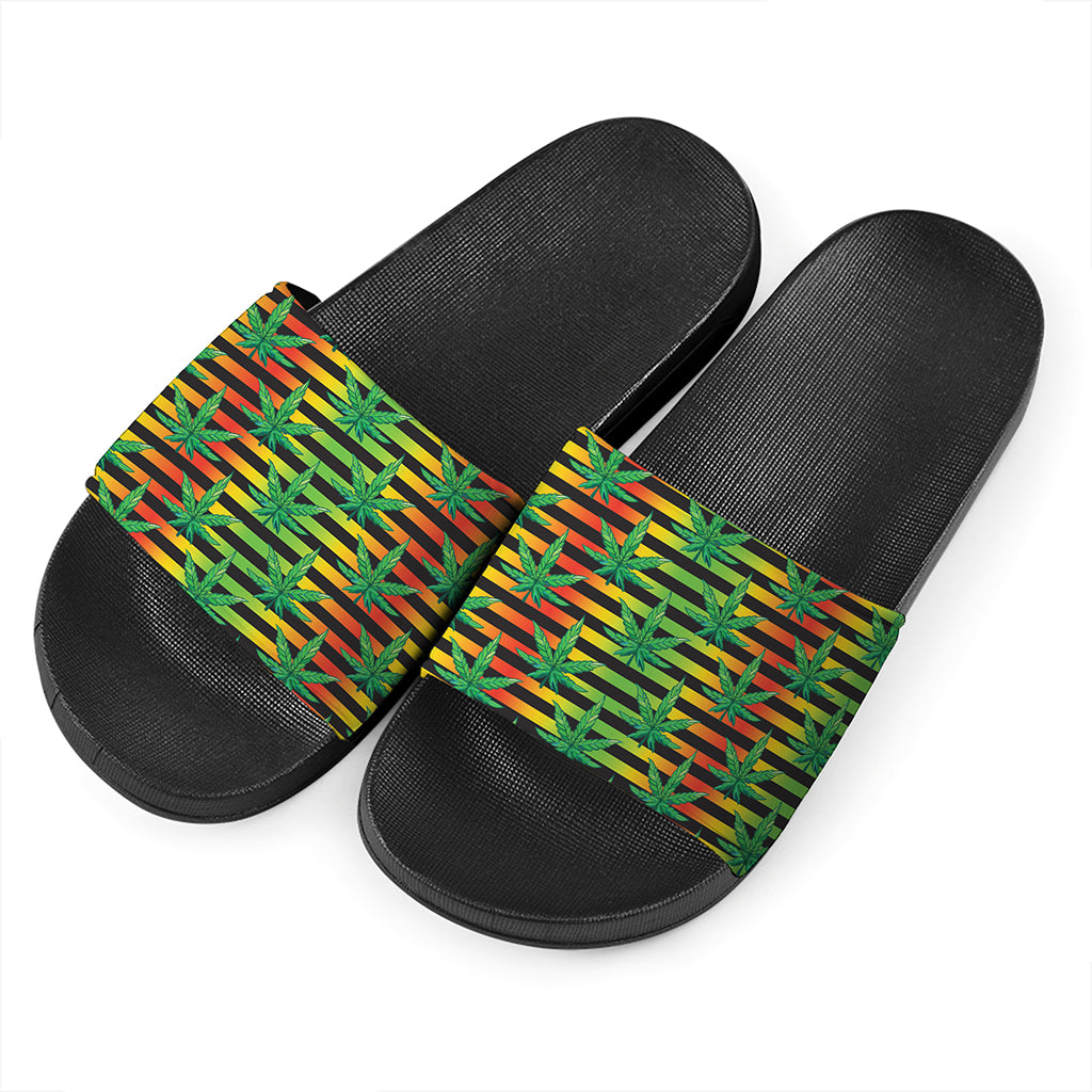 Rasta Striped Pattern Print Black Slide Sandals