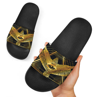Raven Masonic Eye Print Black Slide Sandals
