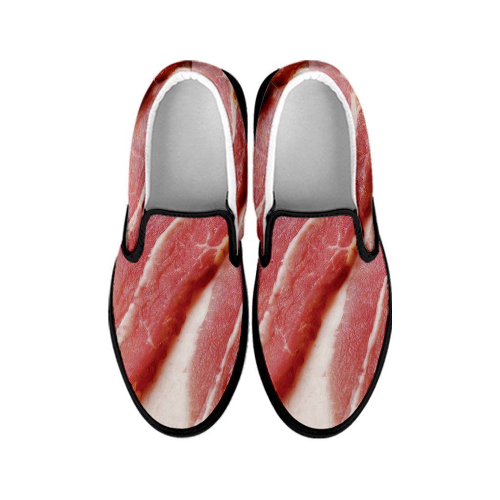 Raw Bacon Print Black Slip On Shoes