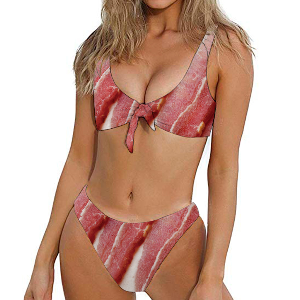 Raw Bacon Print Front Bow Tie Bikini