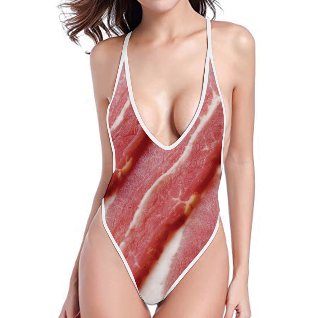 Raw Bacon Print One Piece High Cut Swimsuit