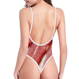 Raw Bacon Print One Piece High Cut Swimsuit