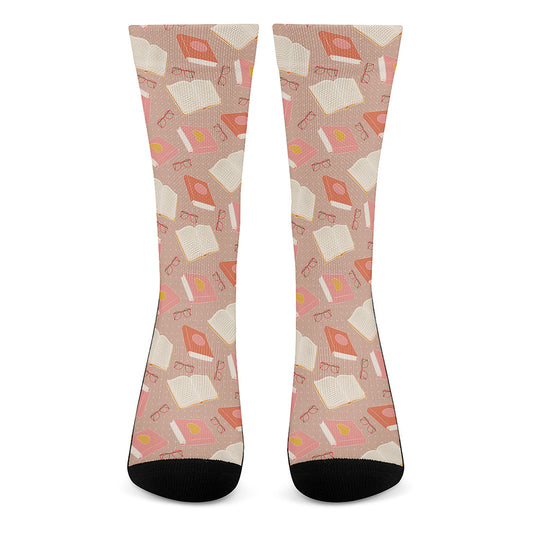 Reading Books And Glasses Pattern Print Crew Socks