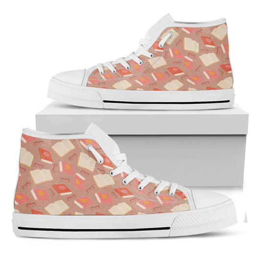 Reading Books And Glasses Pattern Print White High Top Shoes