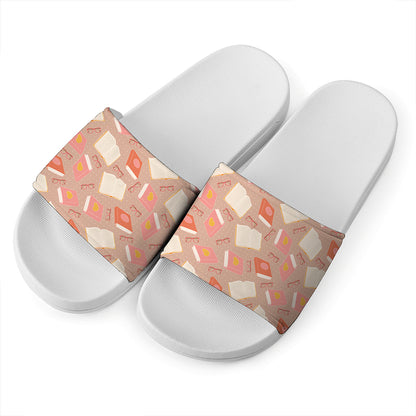 Reading Books And Glasses Pattern Print White Slide Sandals