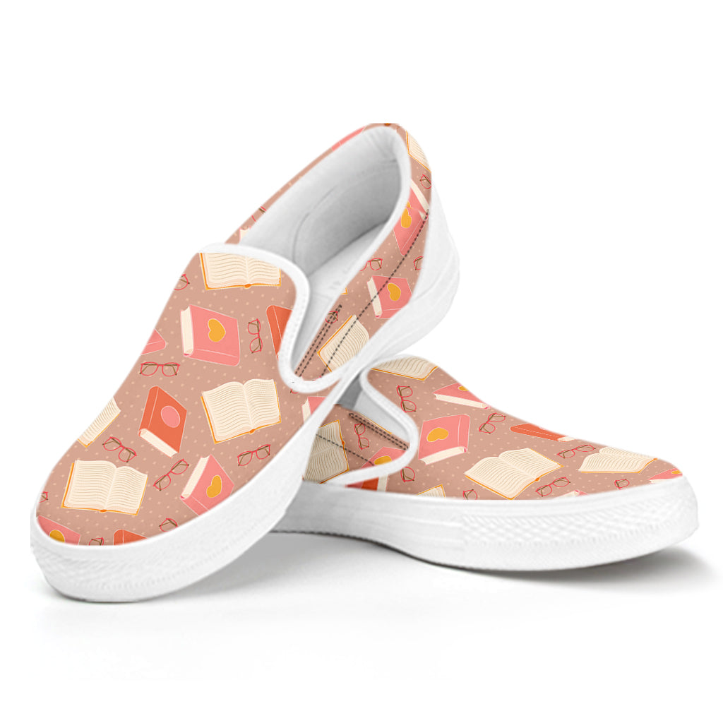 Reading Books And Glasses Pattern Print White Slip On Shoes