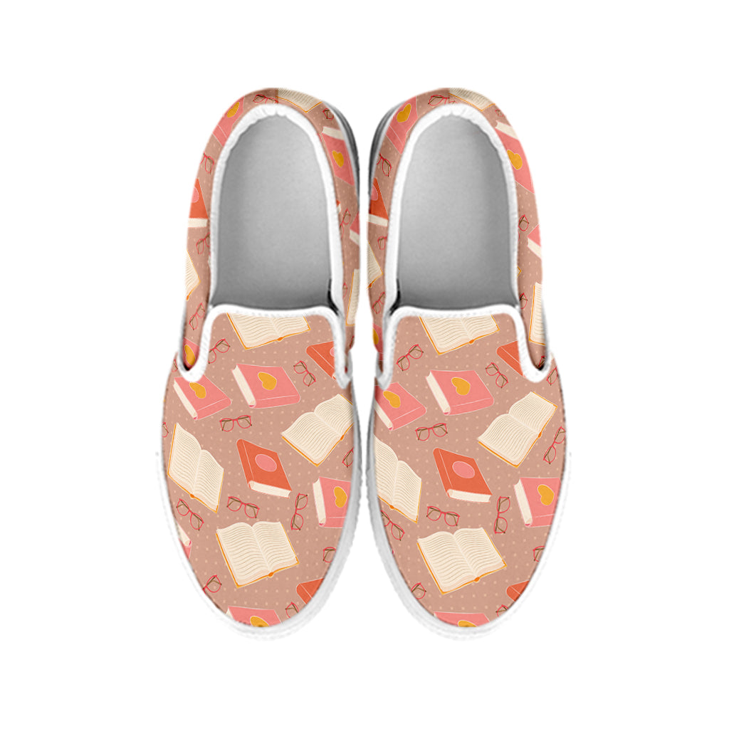 Reading Books And Glasses Pattern Print White Slip On Shoes