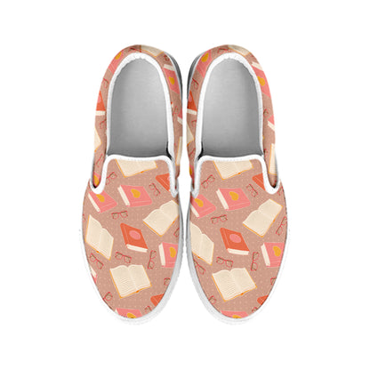 Reading Books And Glasses Pattern Print White Slip On Shoes