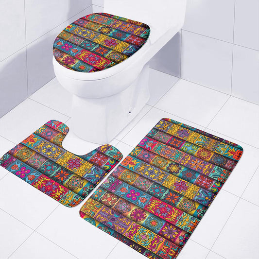 Rectangle Mandala Bohemian Pattern Print 3 Piece Bath Mat Set