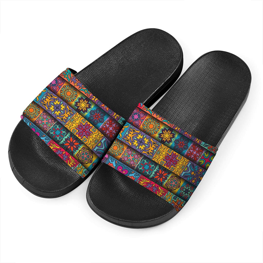 Rectangle Mandala Bohemian Pattern Print Black Slide Sandals