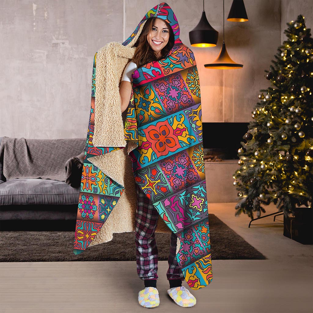 Rectangle Mandala Bohemian Pattern Print Hooded Blanket