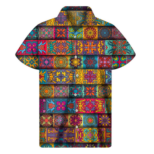 Rectangle Mandala Bohemian Pattern Print Men's Short Sleeve Shirt